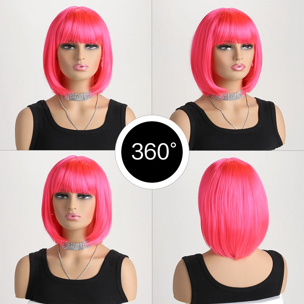 Pink Short Bob with Bangs Heat Resistant Wig
