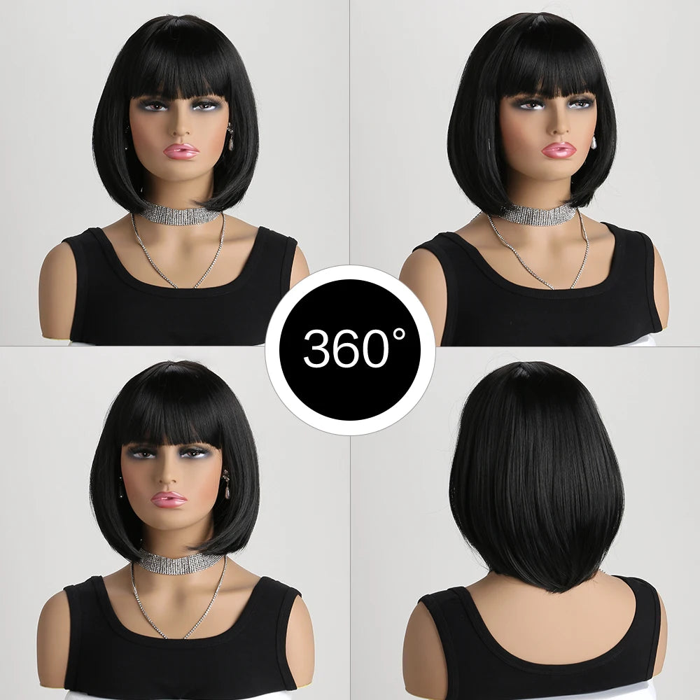 Black Short Bob with Bangs Heat Resistant Wig