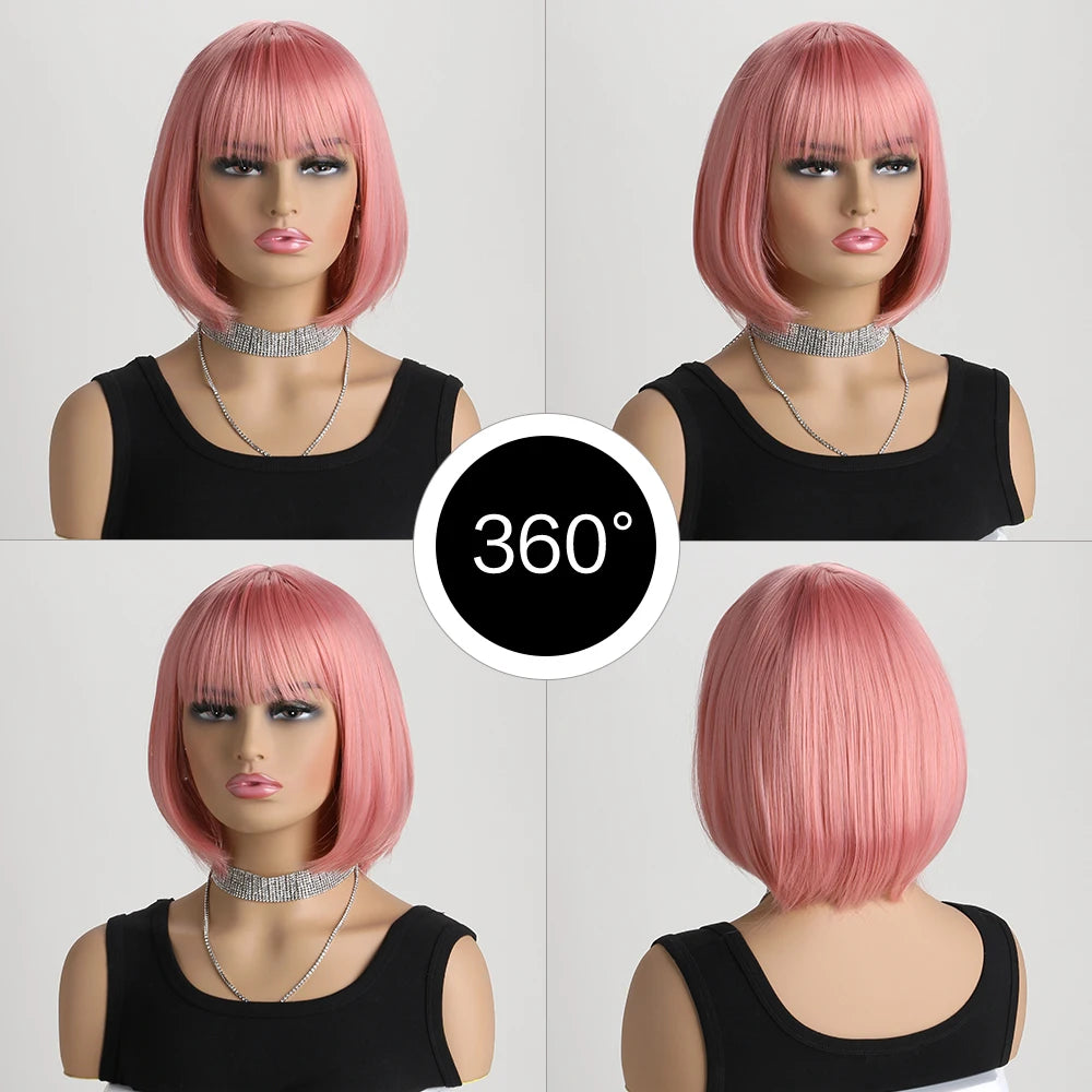 Pink Short Bob with Bangs Heat Resistant Wig