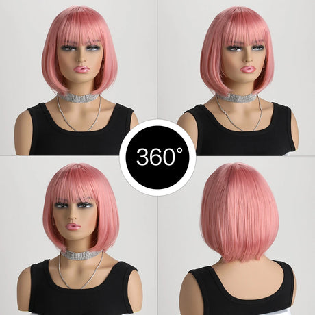 Pink Short Bob with Bangs Heat Resistant Wig