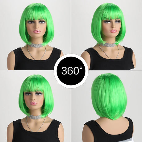 Green Short Bob with Bangs Heat Resistant Wig