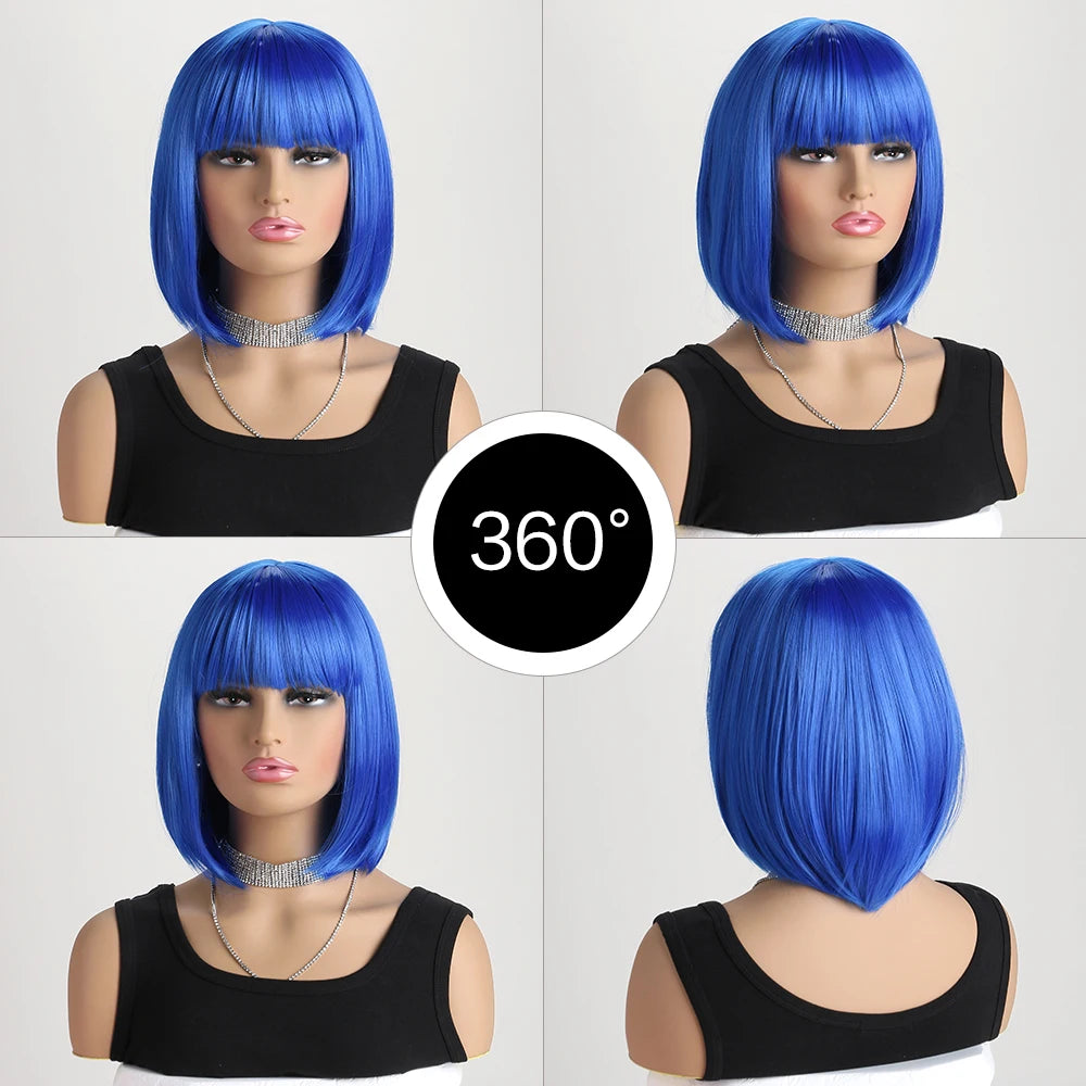 Blue Short Bob with Bangs Heat Resistant Wig