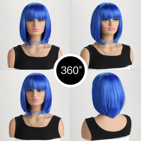 Blue Short Bob with Bangs Heat Resistant Wig