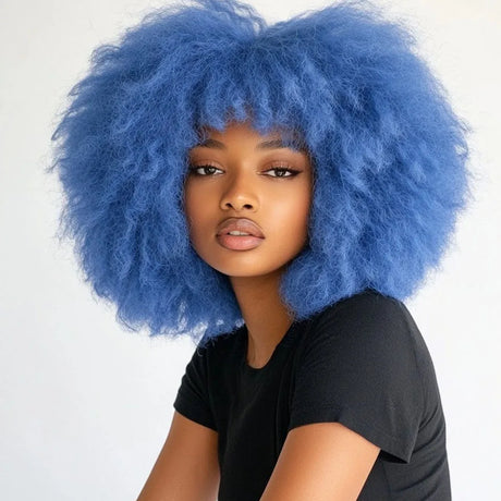 Blue Short Curly Afro Wigs Premium Synthetic Wig