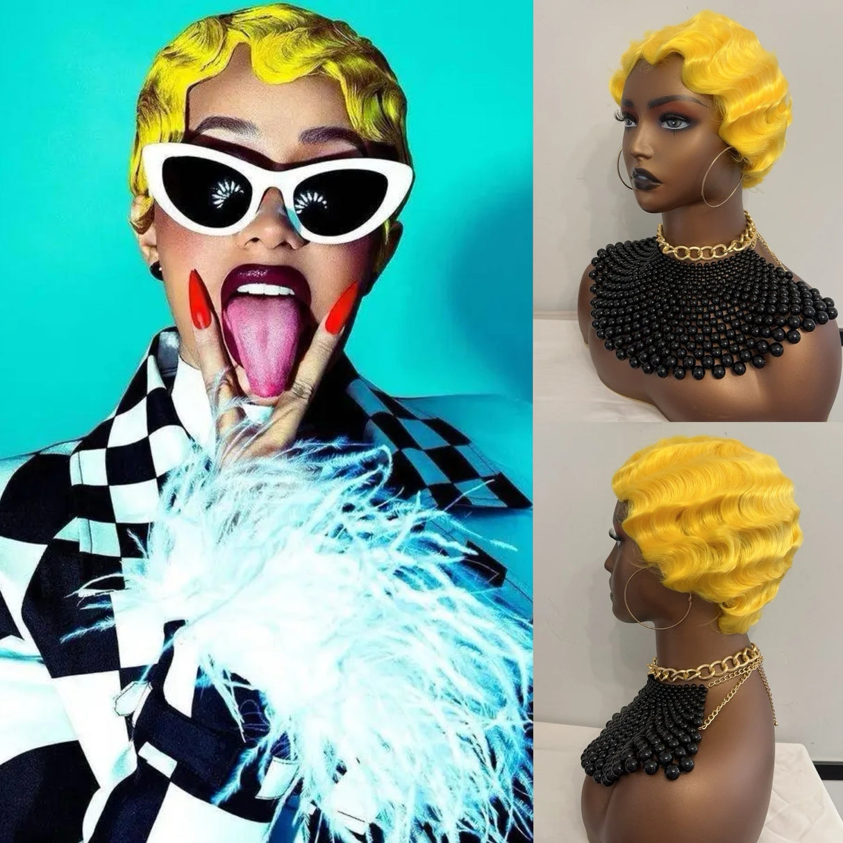 Yellow of Short Curly Finger Wave Synthetic Cosplay Halloween Wig