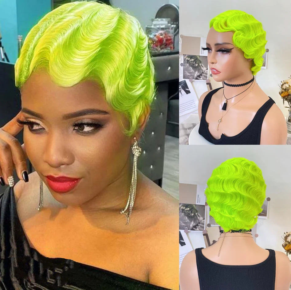 Green Short Curly Finger Wave Synthetic Cosplay Halloween Wig