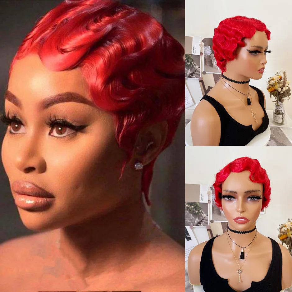 Red Short Curly Finger Wave Synthetic Cosplay Halloween Wig