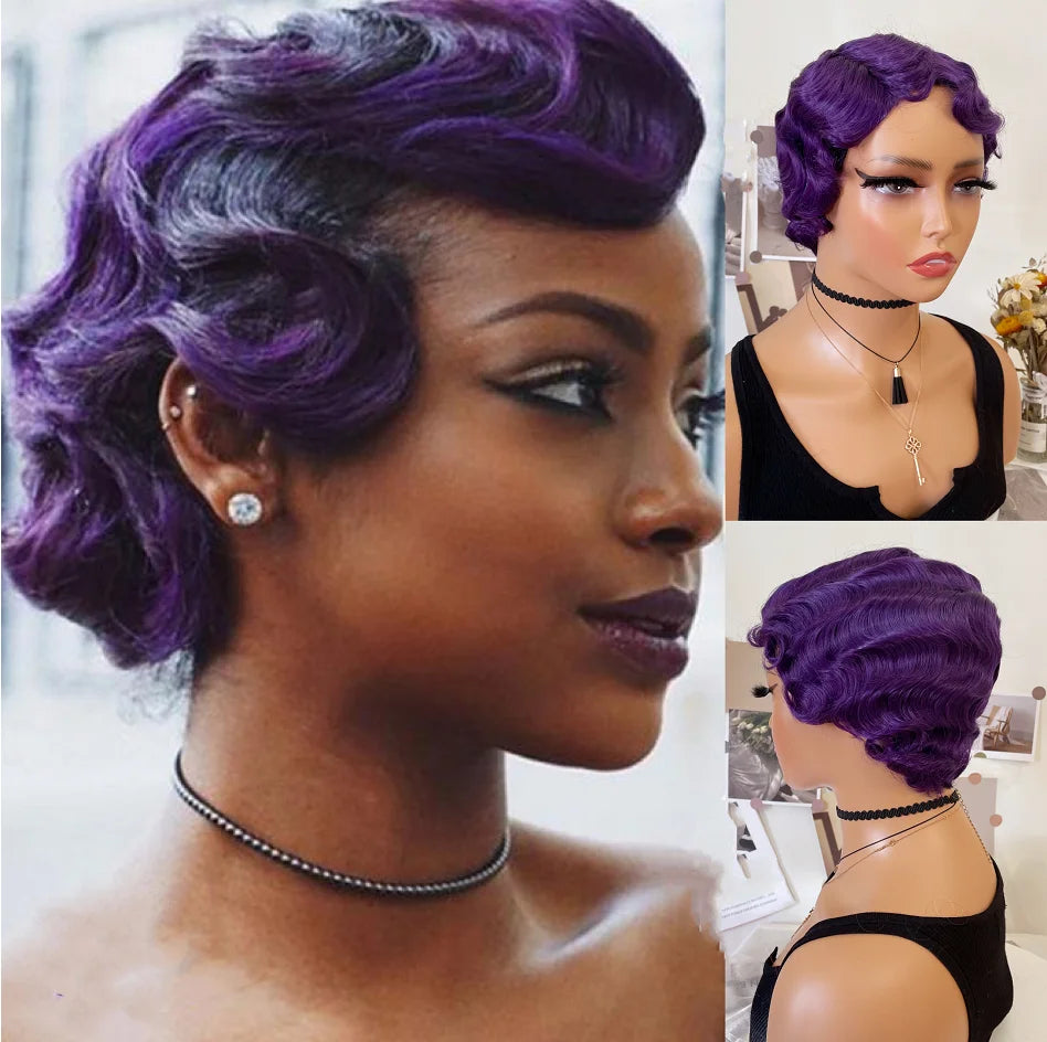 Purple Short Curly Finger Wave Synthetic Cosplay Halloween Wig