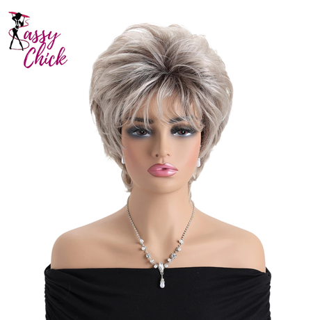 Short Curly Light Gold Mixed With Brown Synthetic Wigs Sassy Chick Logo