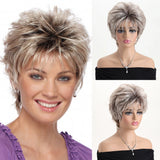 Model Using Short Curly Light Gold Mixed With Brown Synthetic Wigs