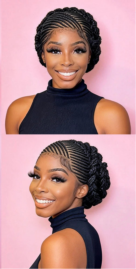 Model Using Short Cute Cornrow Braids Full Lace Handmade Synthetic Wig