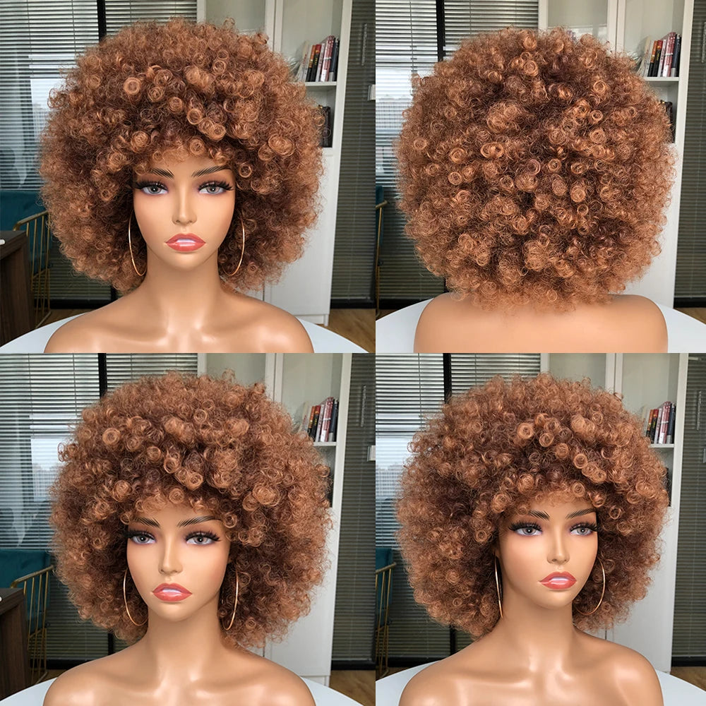 Short Hair Afro Kinky Curly Wig With Bangs brown
