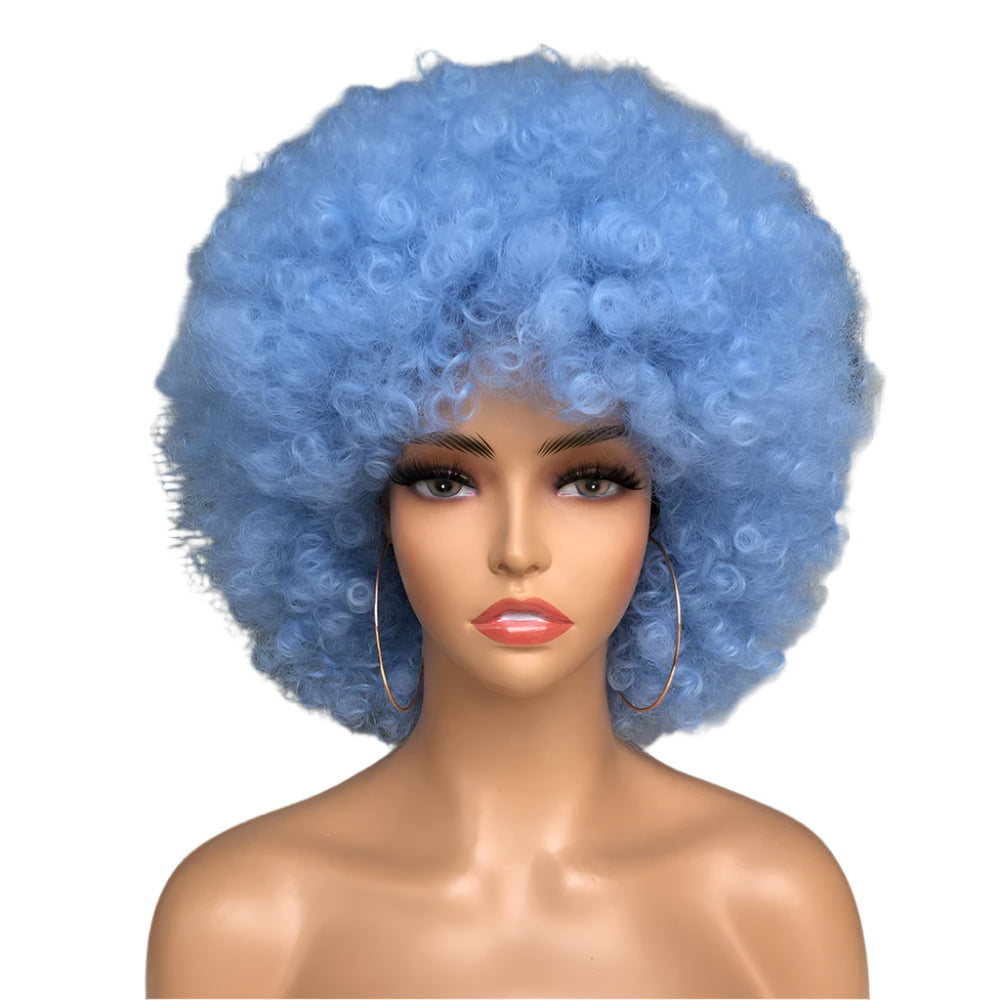 Short Hair Afro Kinky Curly Wig With Bangs light blue