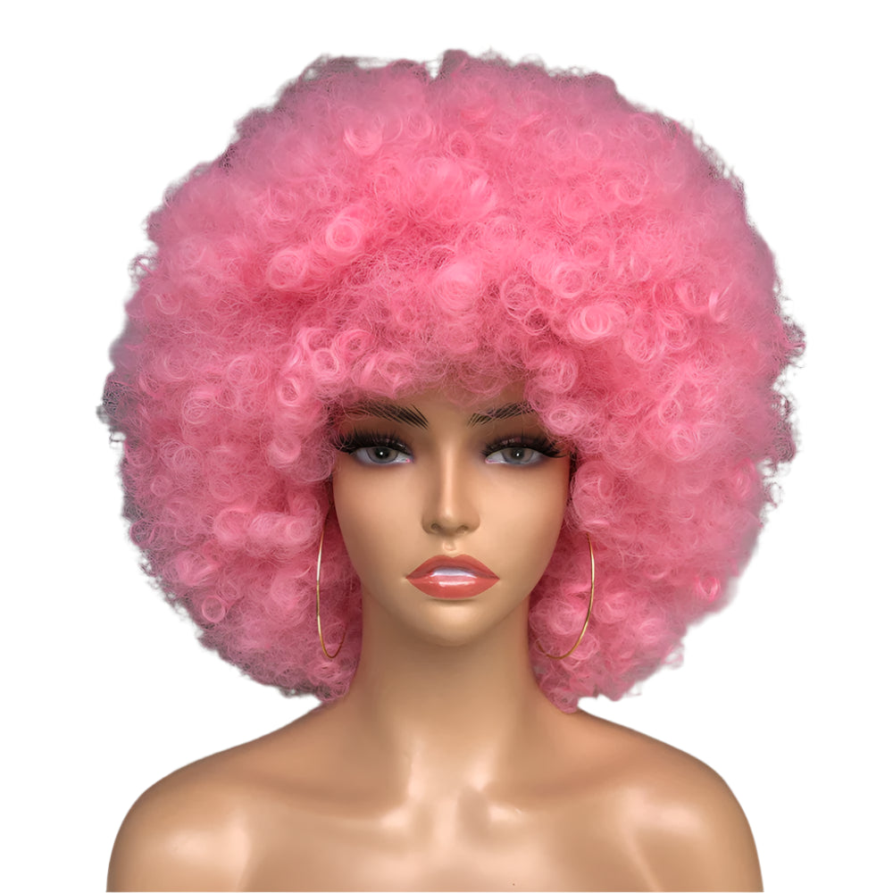 Short Hair Afro Kinky Curly Wig With Bangs pink