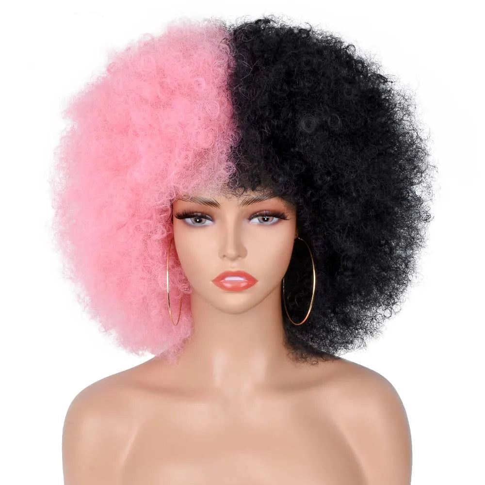 Short Hair Afro Kinky Curly Wig With Bangs pink black