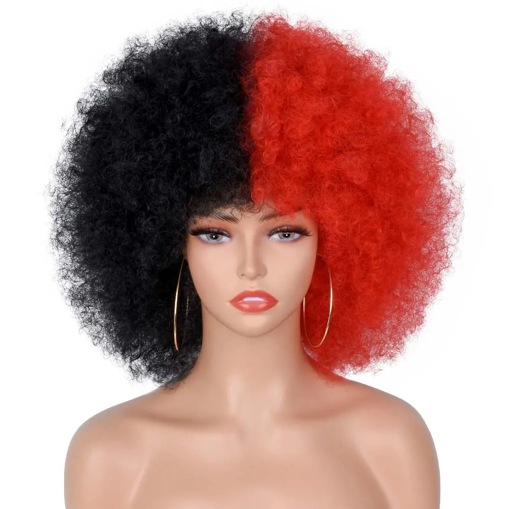 Short Hair Afro Kinky Curly Wig With Bangs black red