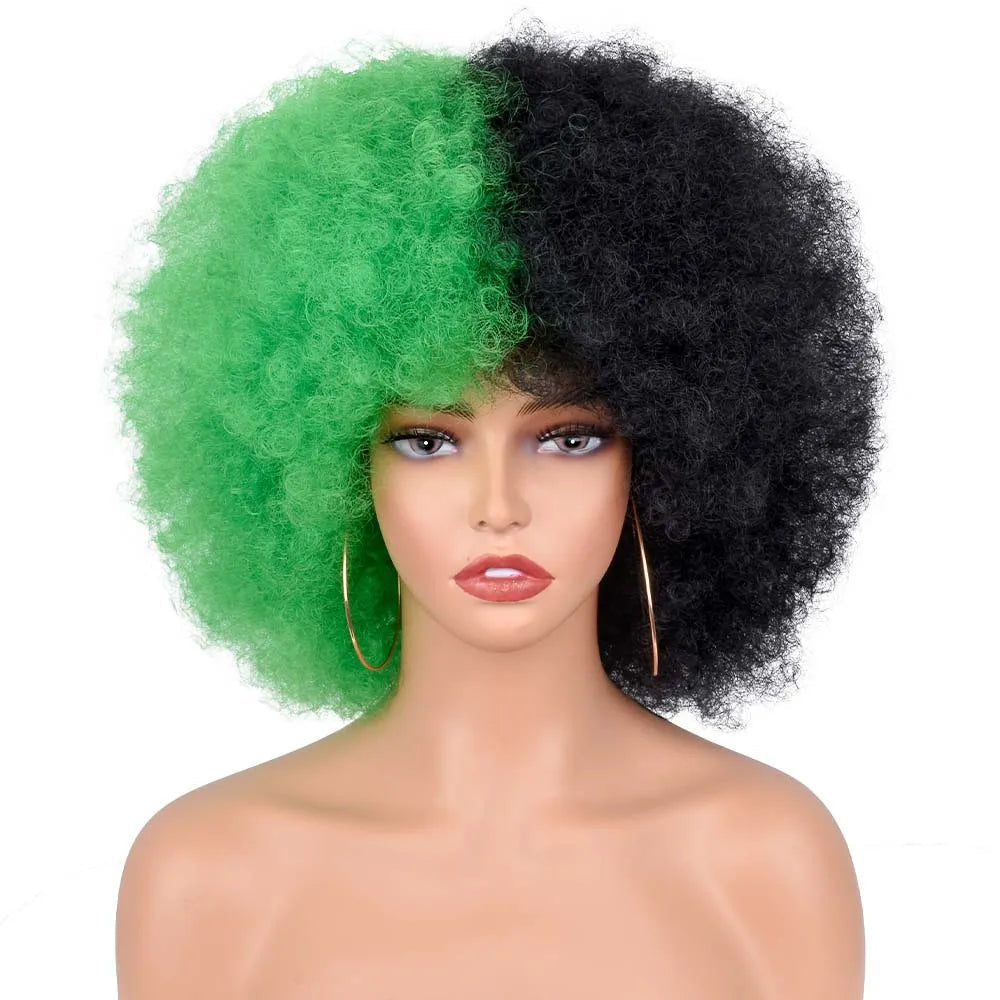 Short Hair Afro Kinky Curly Wig With Bangs green black