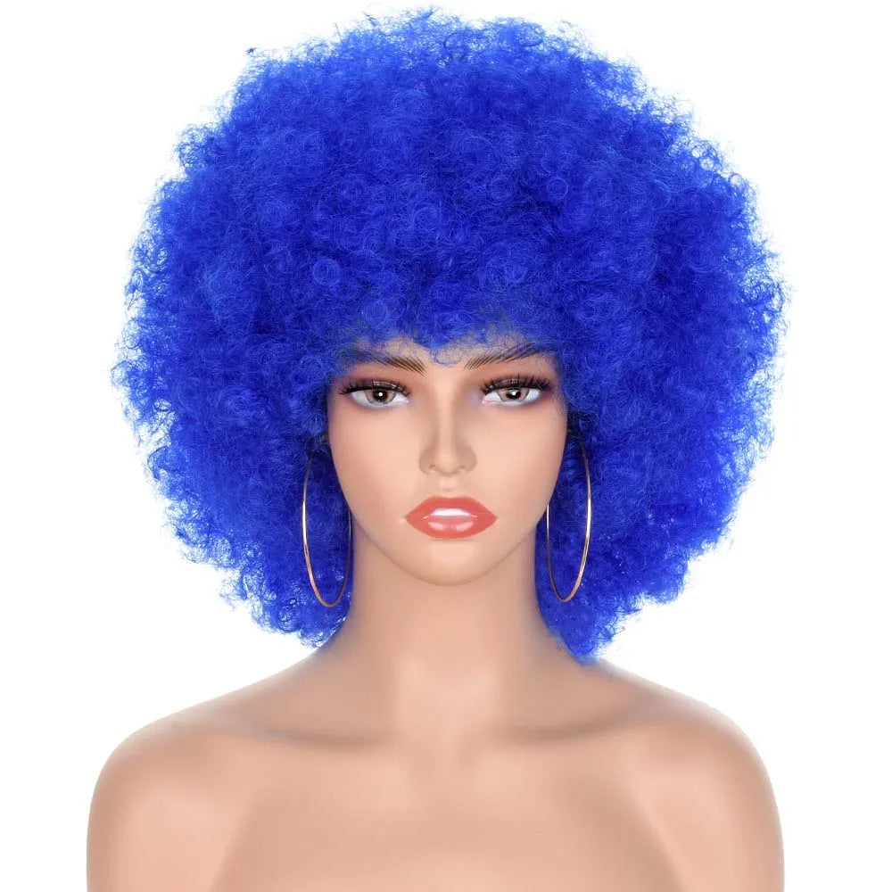 Short Hair Afro Kinky Curly Wig With Bangs blue