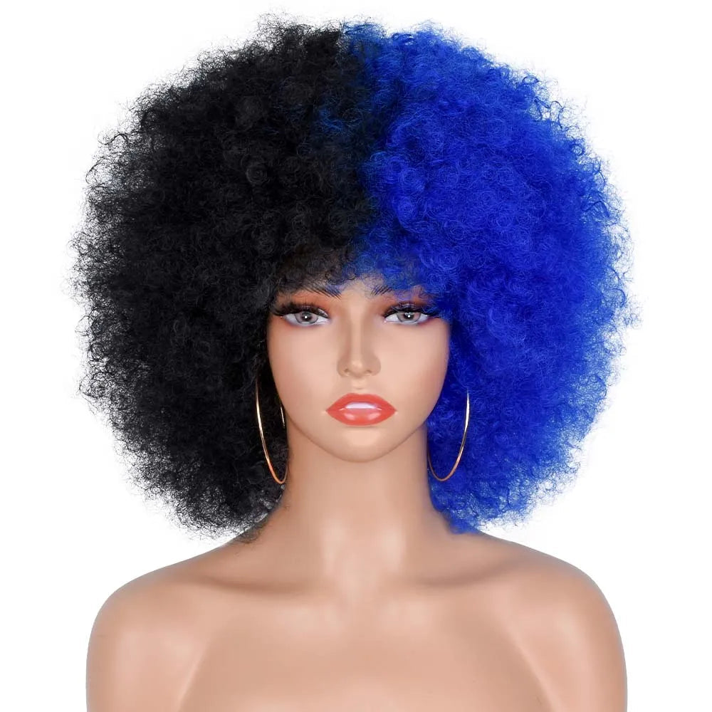 Short Hair Afro Kinky Curly Wig With Bangs black blue