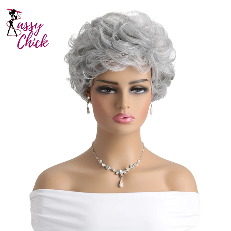 Short Natural Grey Ombre Curly Synthetic Hair Wigs with Bangs Sassy Chick Logo