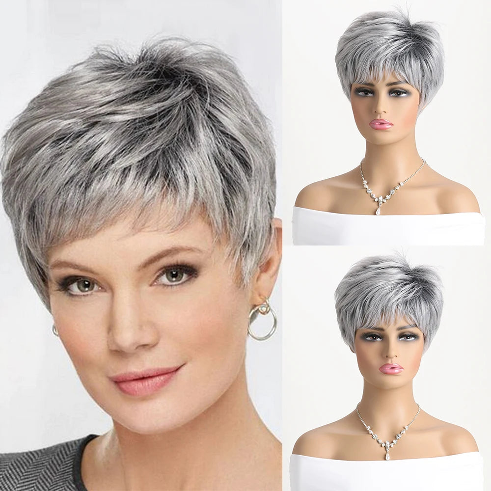 Short Natural Grey Ombre Curly Synthetic Hair Wigs with Bangs