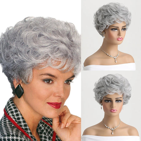 Short Natural Grey Ombre Curly Synthetic Hair Wigs with Bangs
