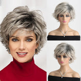 Short Natural Grey Ombre Curly Synthetic Hair Wigs with Bangs
