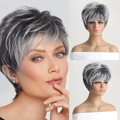 Short Natural Grey Ombre Curly Synthetic Hair Wigs with Bangs
