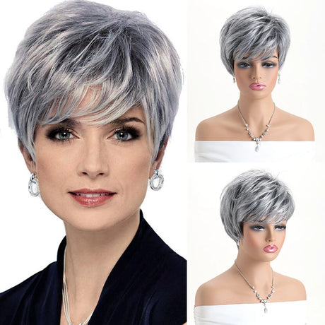 Short Natural Grey Ombre Curly Synthetic Hair Wigs with Bangs
