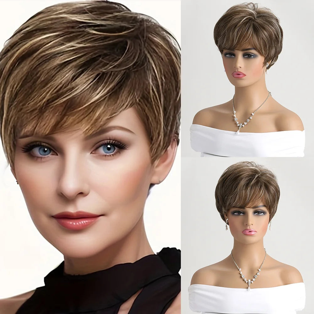 Brown Short Natural Grey Ombre Curly Synthetic Hair Wigs with Bangs