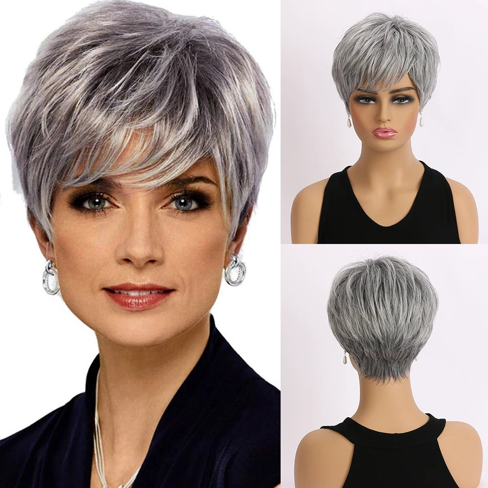 Gray Short Natural Grey Ombre Curly Synthetic Hair Wigs with Bangs