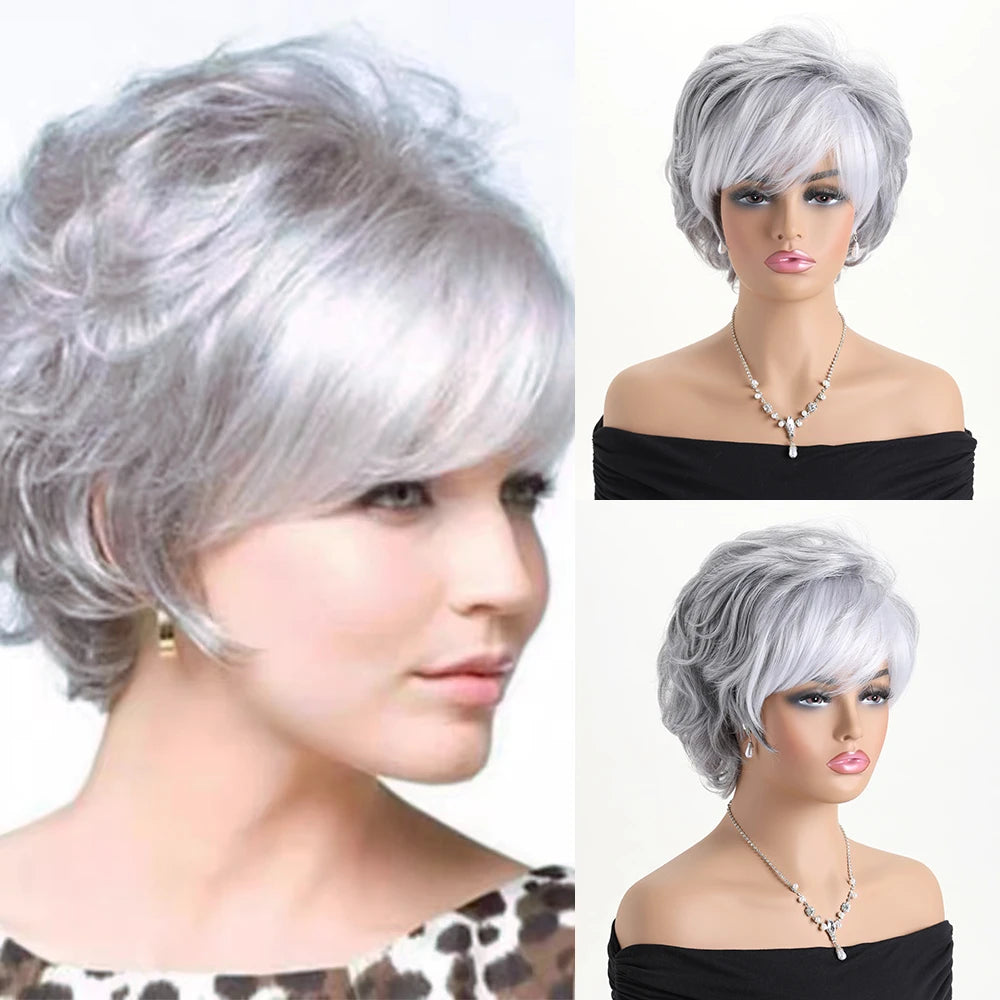 White Short Natural Grey Ombre Curly Synthetic Hair Wigs with Bangs