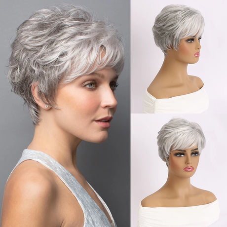 Short Natural Grey Ombre Curly Synthetic Hair Wigs with Bangs