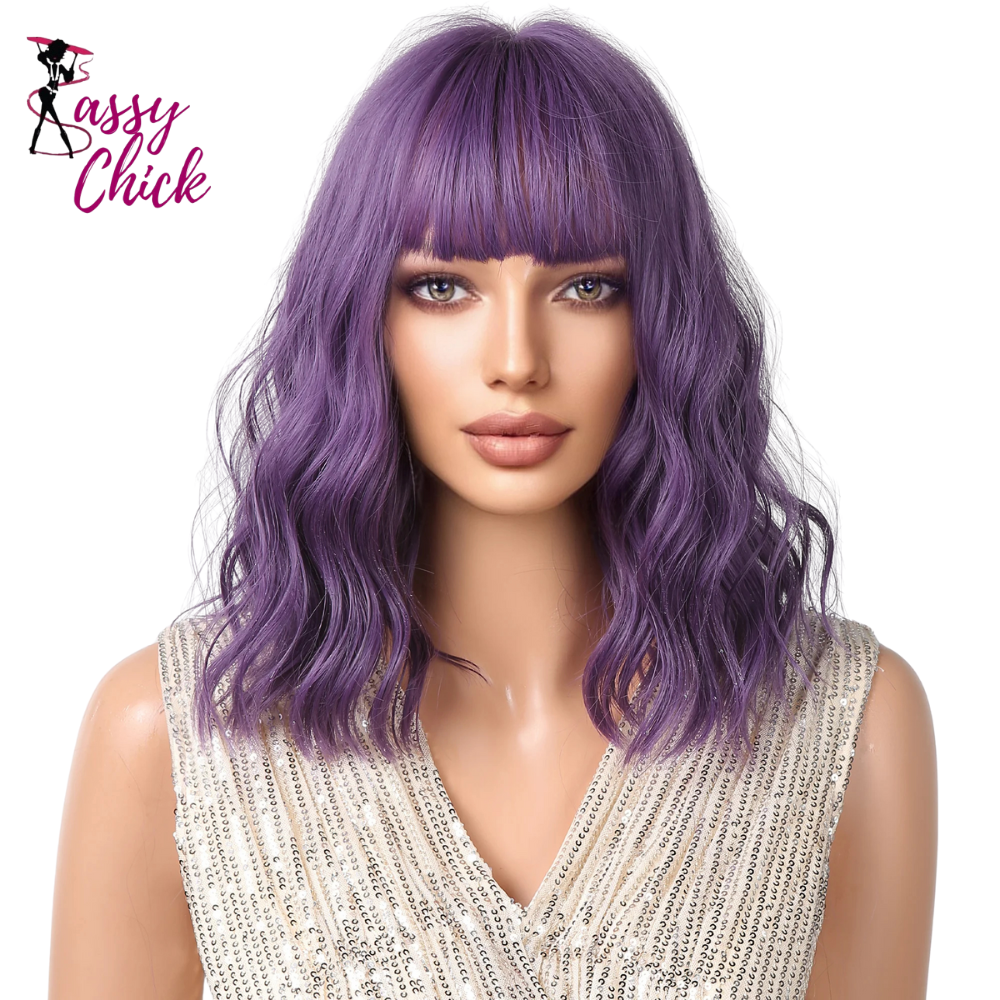 Short Purple Curly Wave Synthetic Wigs with Bangs Sassy Chick Logo