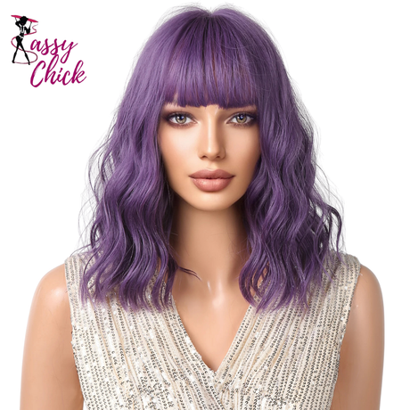 Short Purple Curly Wave Synthetic Wigs with Bangs Sassy Chick Logo