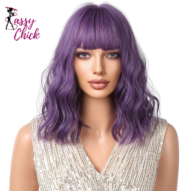 Short Purple Curly Wave Synthetic Wigs with Bangs Sassy Chick Logo