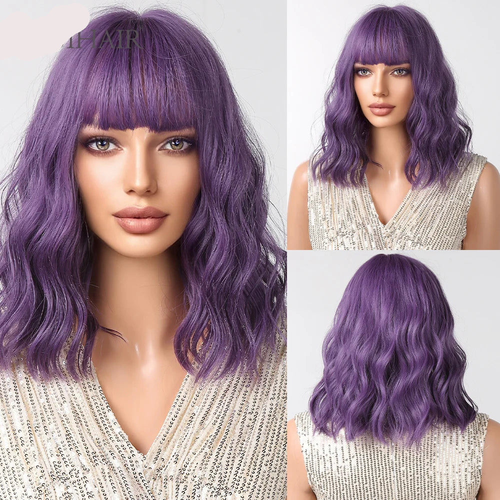 Short Purple Curly Wave Synthetic Wigs with Bangs