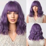 Short Purple Curly Wave Synthetic Wigs with Bangs