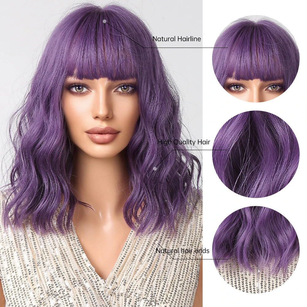 Short Purple Curly Wave Synthetic Wigs with Bangs