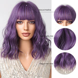 Short Purple Curly Wave Synthetic Wigs with Bangs