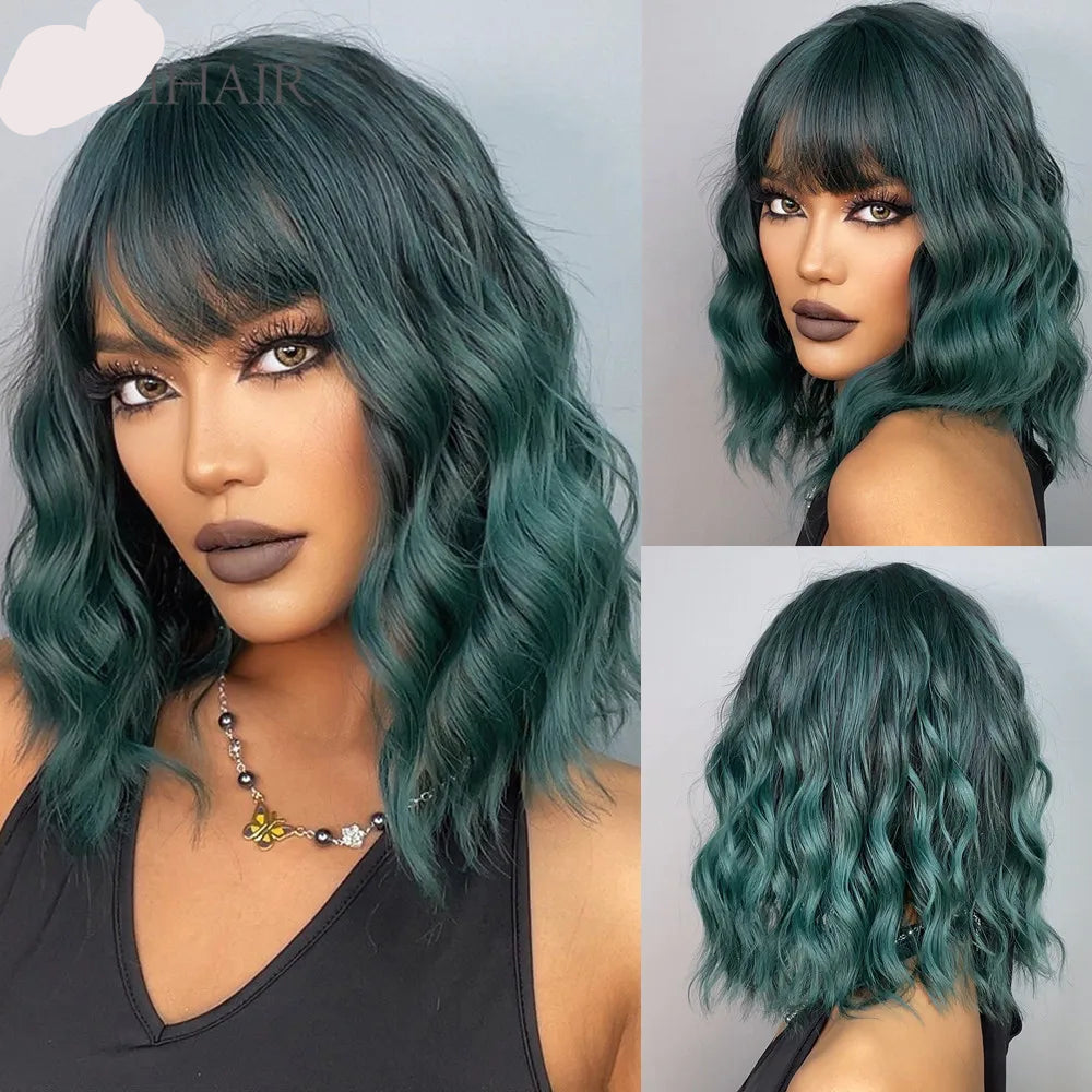Green Short Purple Curly Wave Synthetic Wigs with Bangs