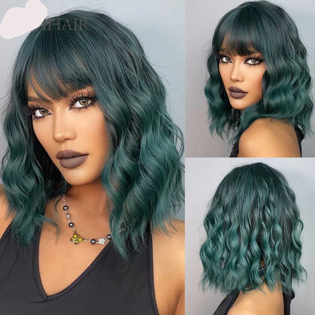 Green Short Purple Curly Wave Synthetic Wigs with Bangs