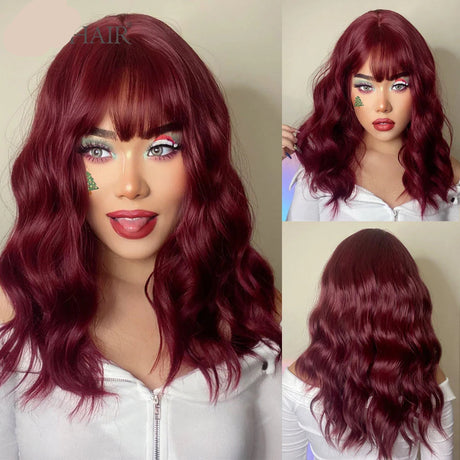 Red Short Purple Curly Wave Synthetic Wigs with Bangs