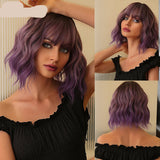 Purple Short Purple Curly Wave Synthetic Wigs with Bangs