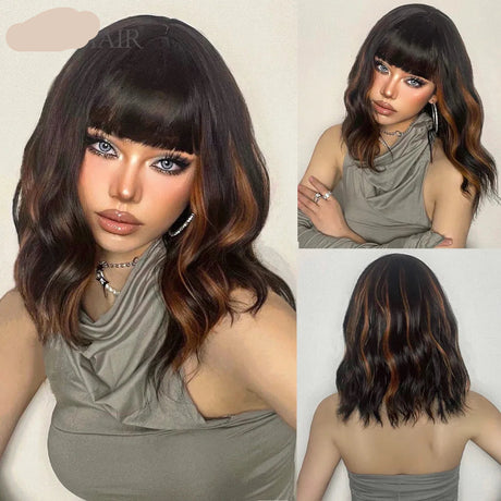 Black Short Curly Wave Synthetic Wigs with Bangs