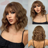 Short Brown Curly Wave Synthetic Wigs with Bangs