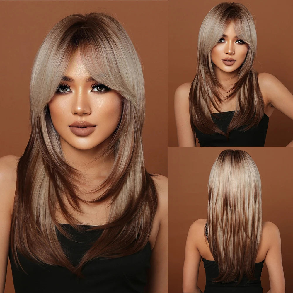 Brown Short Shoulder Length Layered Natural Hairline Synthetic Wig