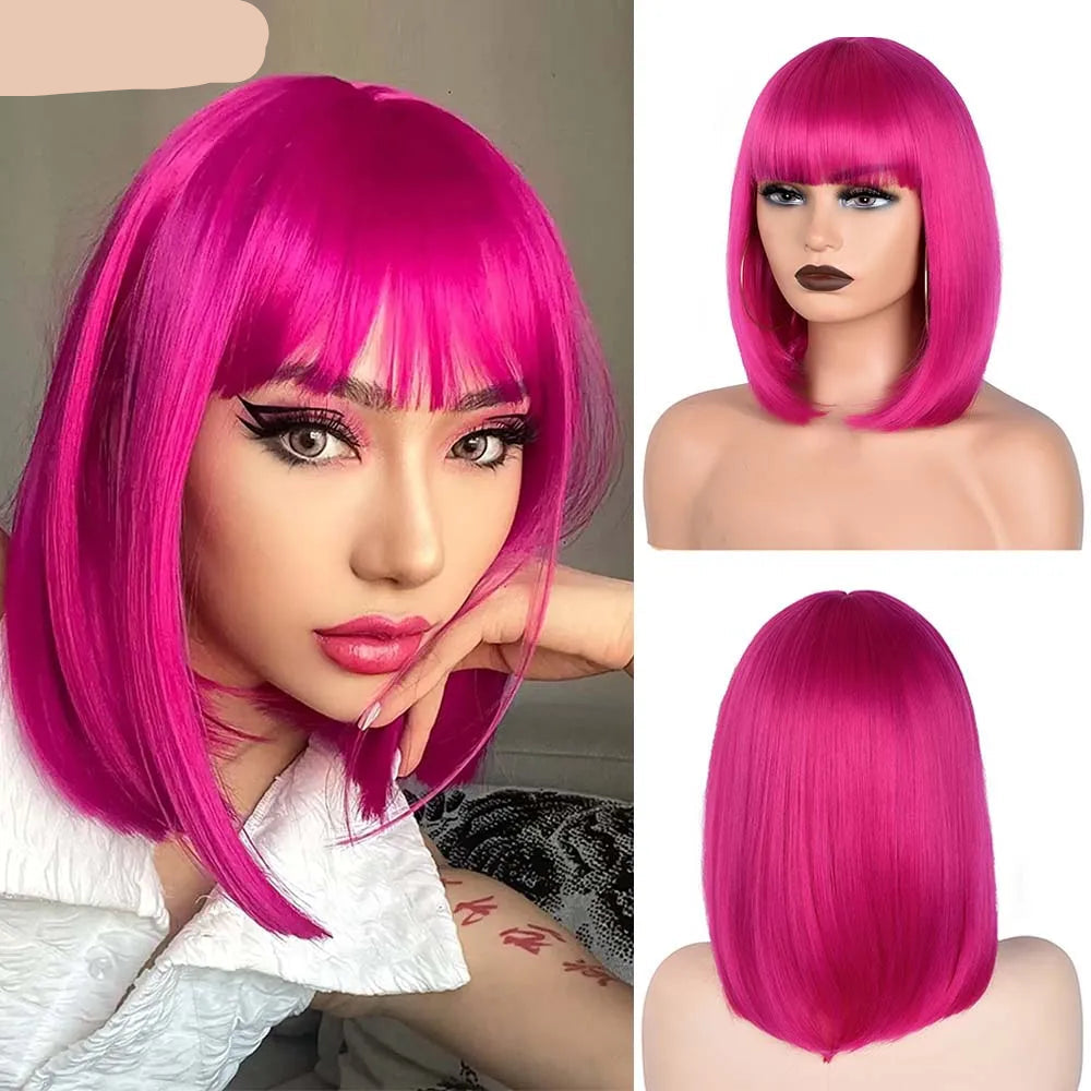 Short Straight Bob With Bangs Synthetic Wig pink 