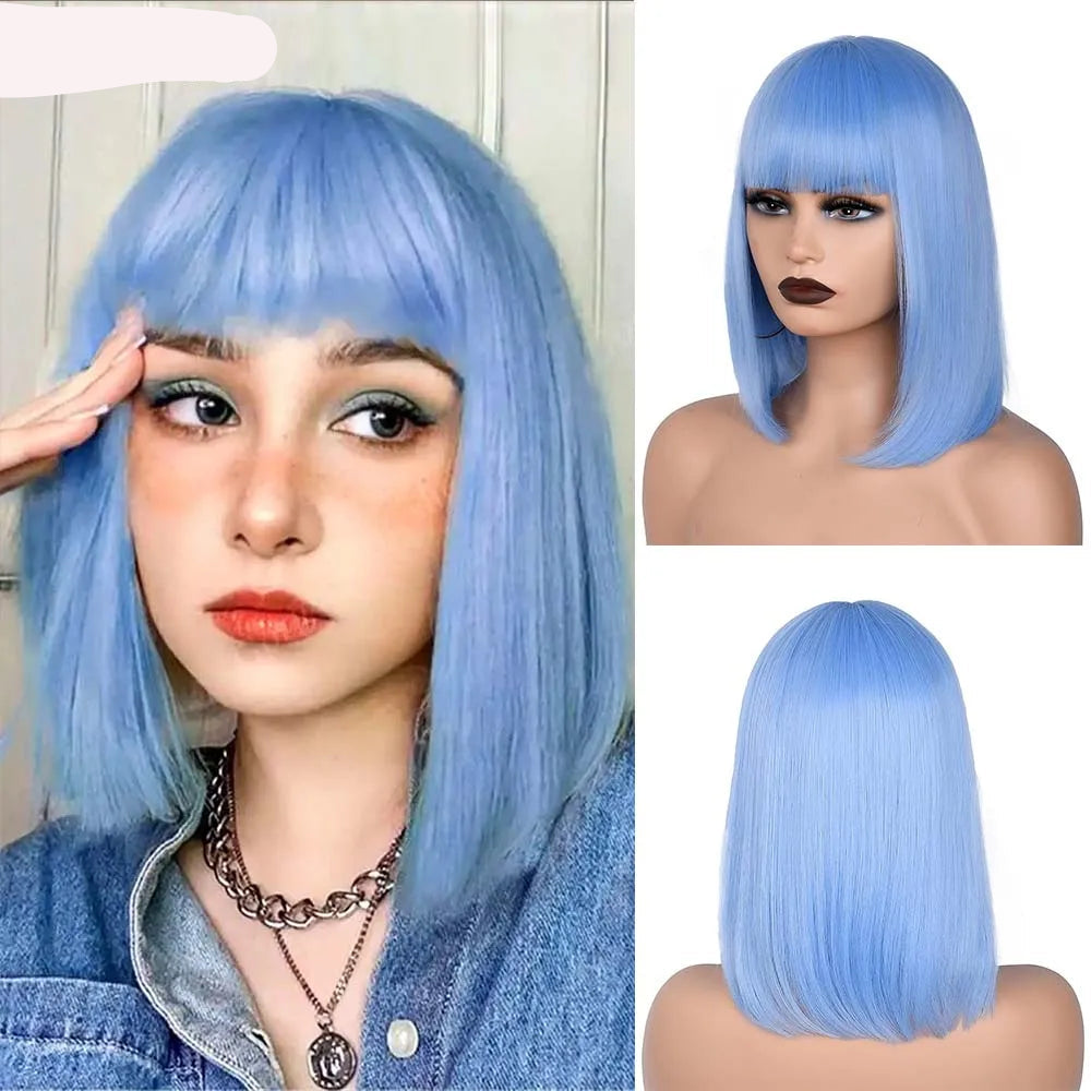 Short Straight Bob With Bangs Synthetic Wig blue