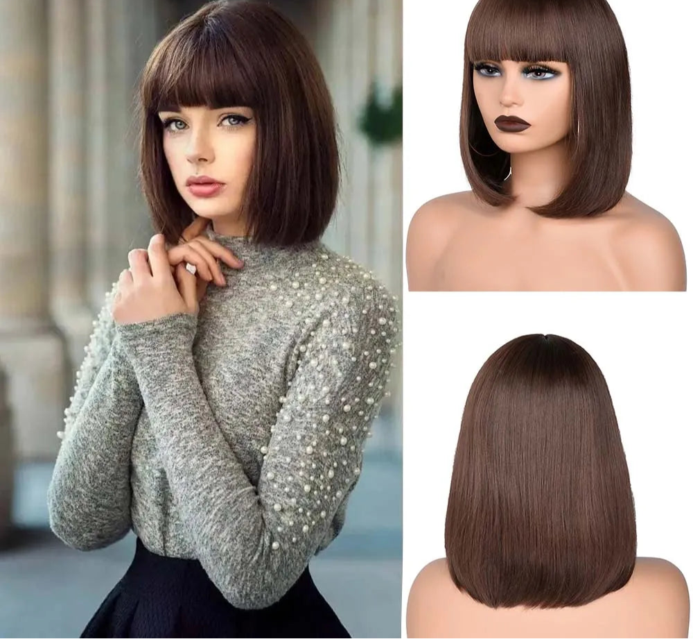 Short Straight Bob With Bangs Synthetic Wig brown